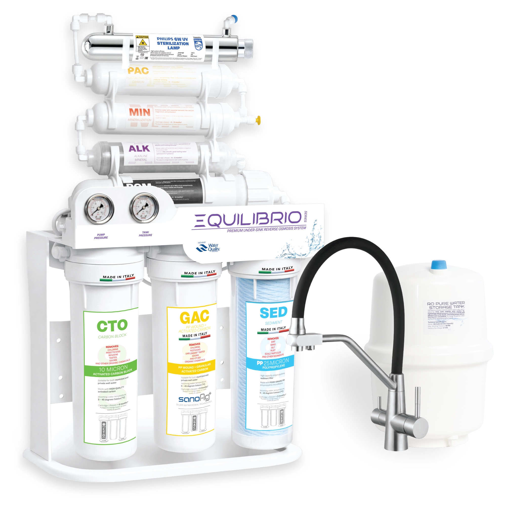 Premium reverse osmosis filtration system, Spectrum Water EQUILIBRIO Series, with pump, UV lamp, 8 stages, 100 GPD, TDS