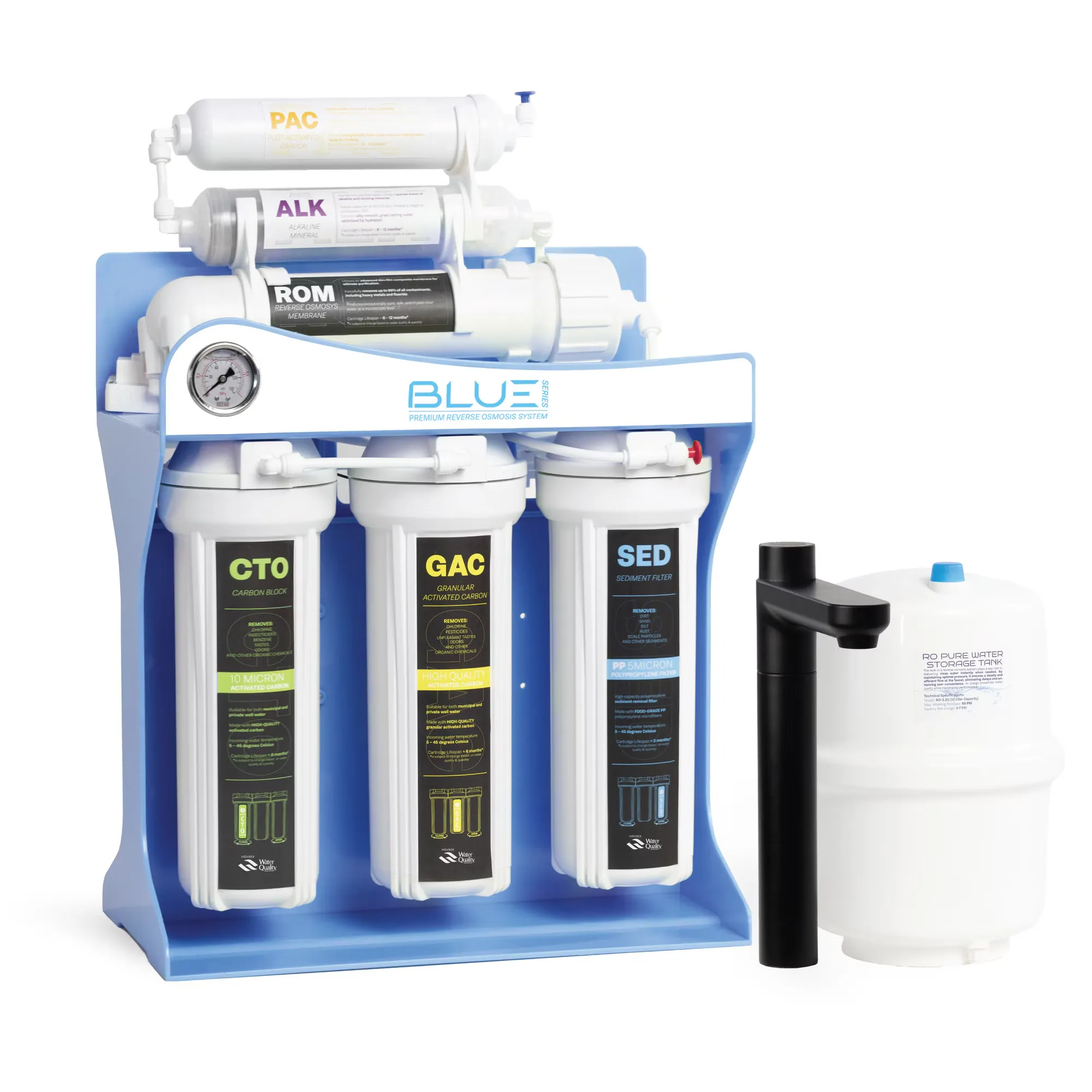 Premium reverse osmosis filtration system, Spectrum Water BLUE Series, with pump, 6 stages, 75 GPD, TDS