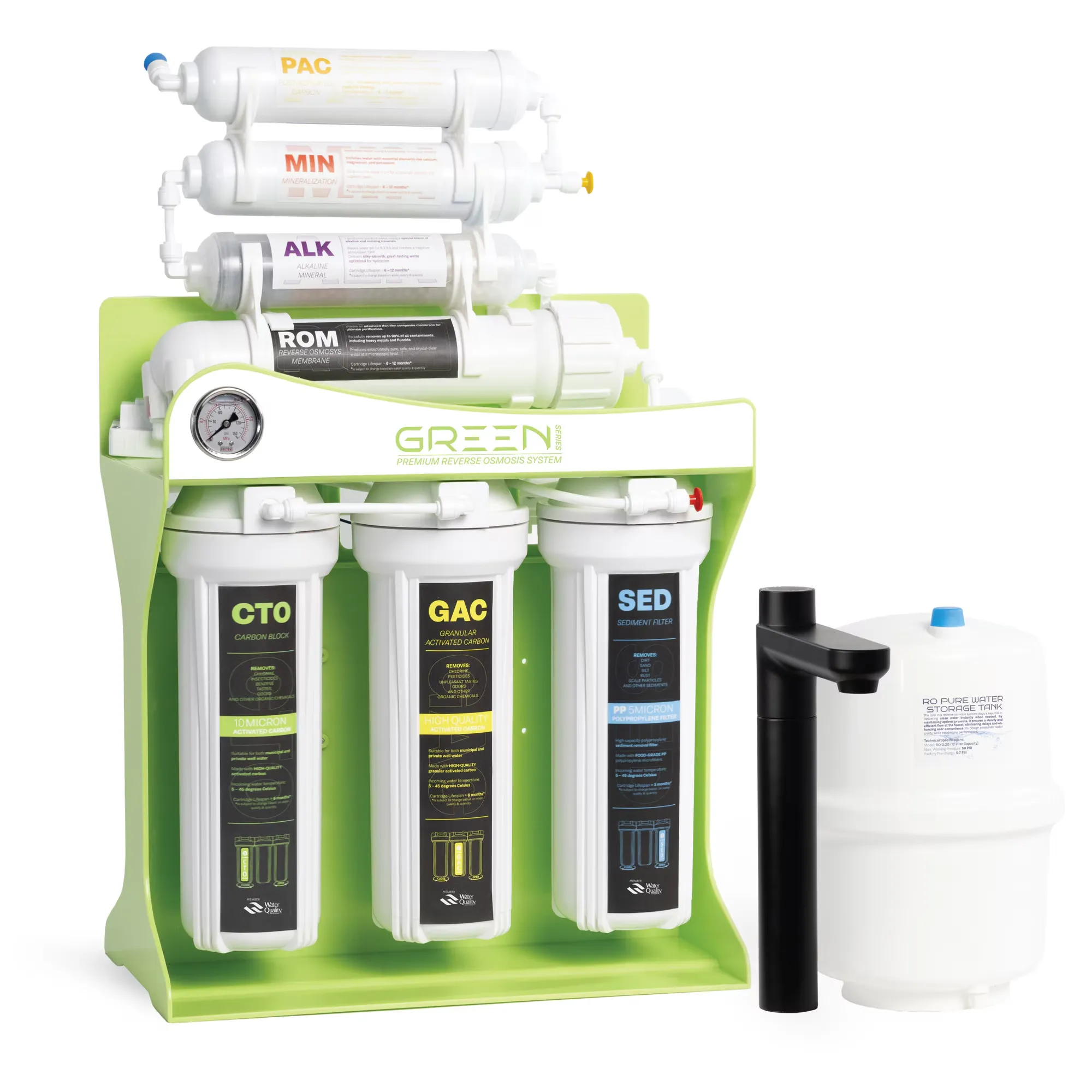 Premium reverse osmosis filtration system, Spectrum Water GREEN Series, with pump, 7 stages, 100 GPD, TDS