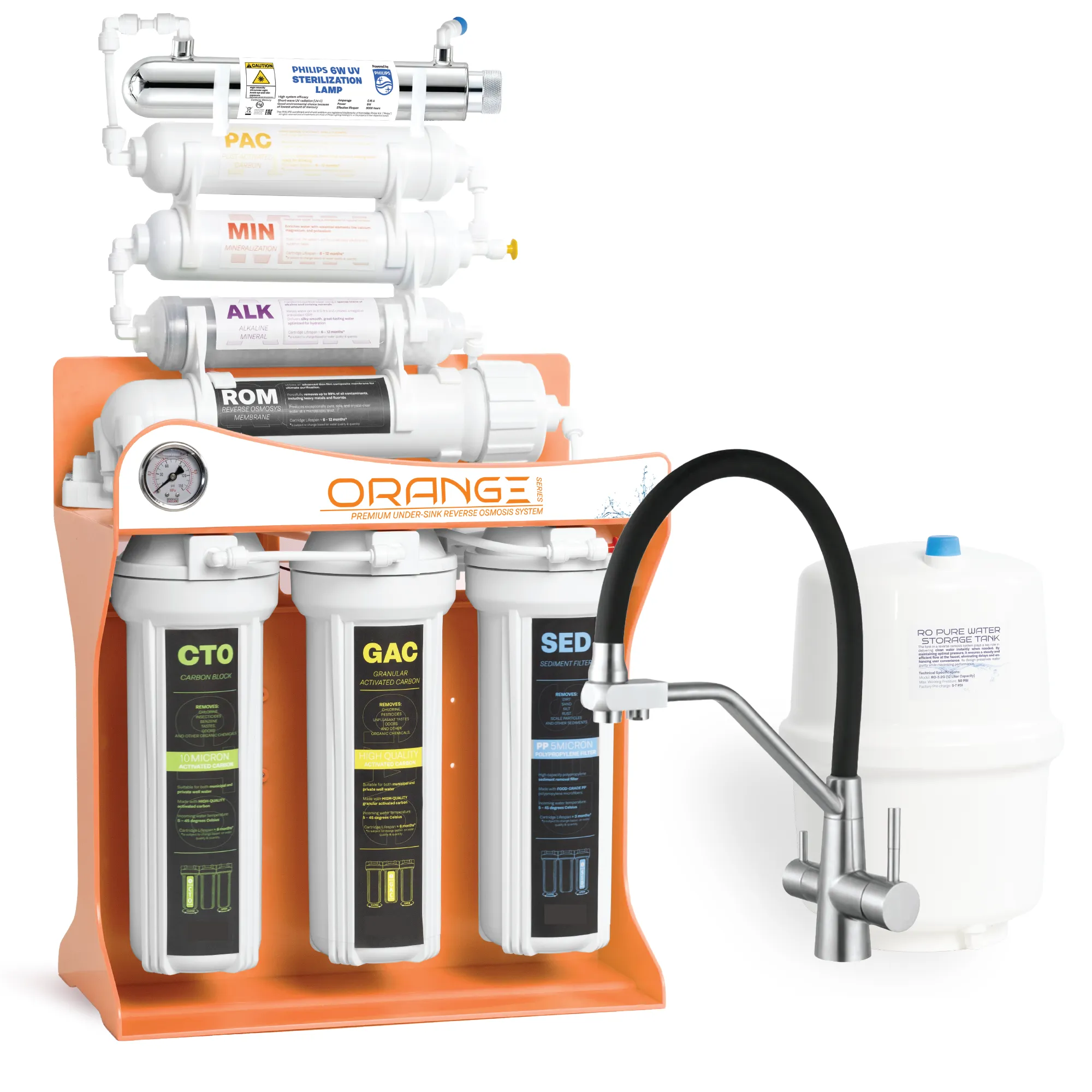 Premium reverse osmosis filtration system, Spectrum Water ORANGE Series, with pump, UV lamp, 8 stages, 100 GPD, TDS
